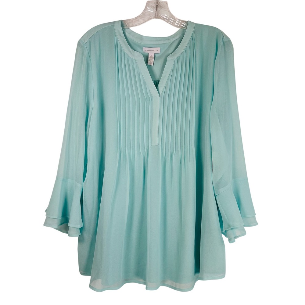 Charter Club Flower Show Aqua Mint Pleated Bell Sleeve Blouse XL NEW
